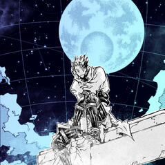 Vash sits in front of the Fifth Moon, a crater blasted into its face.