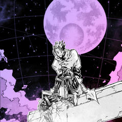 Vash sits in front of the Fifth Moon, a crater blasted into its face.