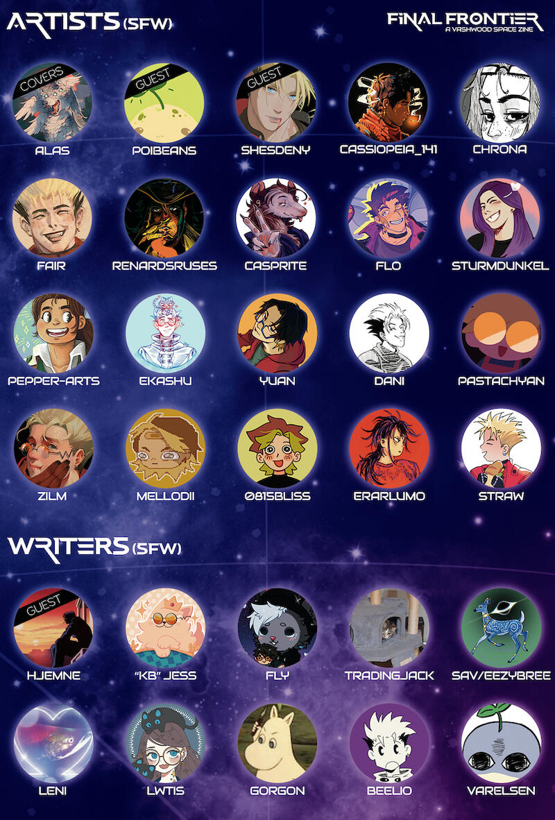 A graphic containing all names and icons of our contributors, here: Our artists and SFW writers. Click it to get to the screenreader-friendly post on Bluesky.