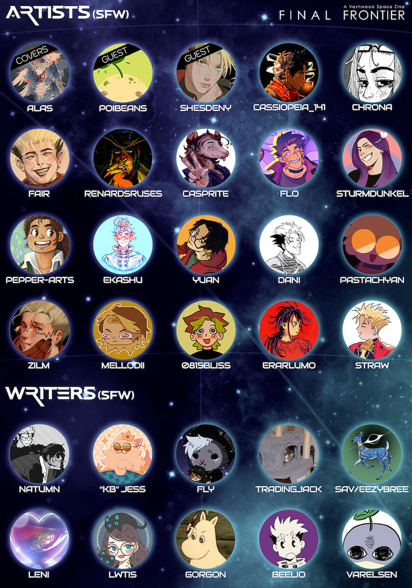 A graphic containing all names and icons of our contributors, here: Our artists and SFW writers. Click it to get to the screenreader-friendly post on Bluesky.