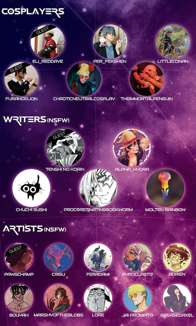 A list of our Cosplayers, NSFW Writers and NSFW Artists. Click it to get to the screenreader-friendly post on Bluesky.